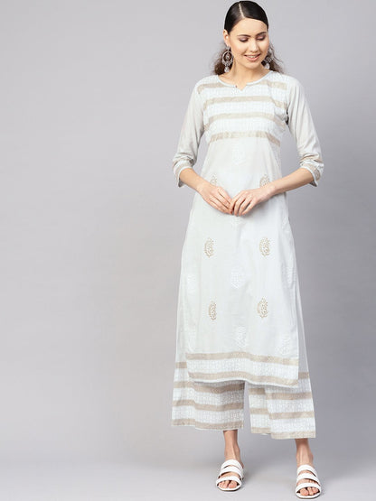 Women Grey & Golden Block Print Kurta With Palazzos | LASVINI - Redefining Indian Fashion with Elegance