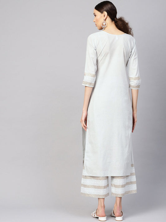 Women Grey & Golden Block Print Kurta With Palazzos | LASVINI - Redefining Indian Fashion with Elegance