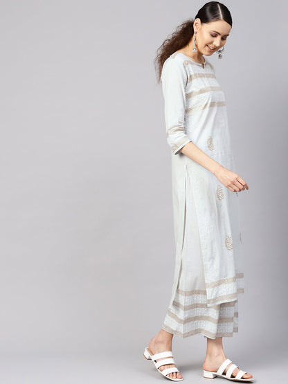 Women Grey & Golden Block Print Kurta With Palazzos | LASVINI - Redefining Indian Fashion with Elegance
