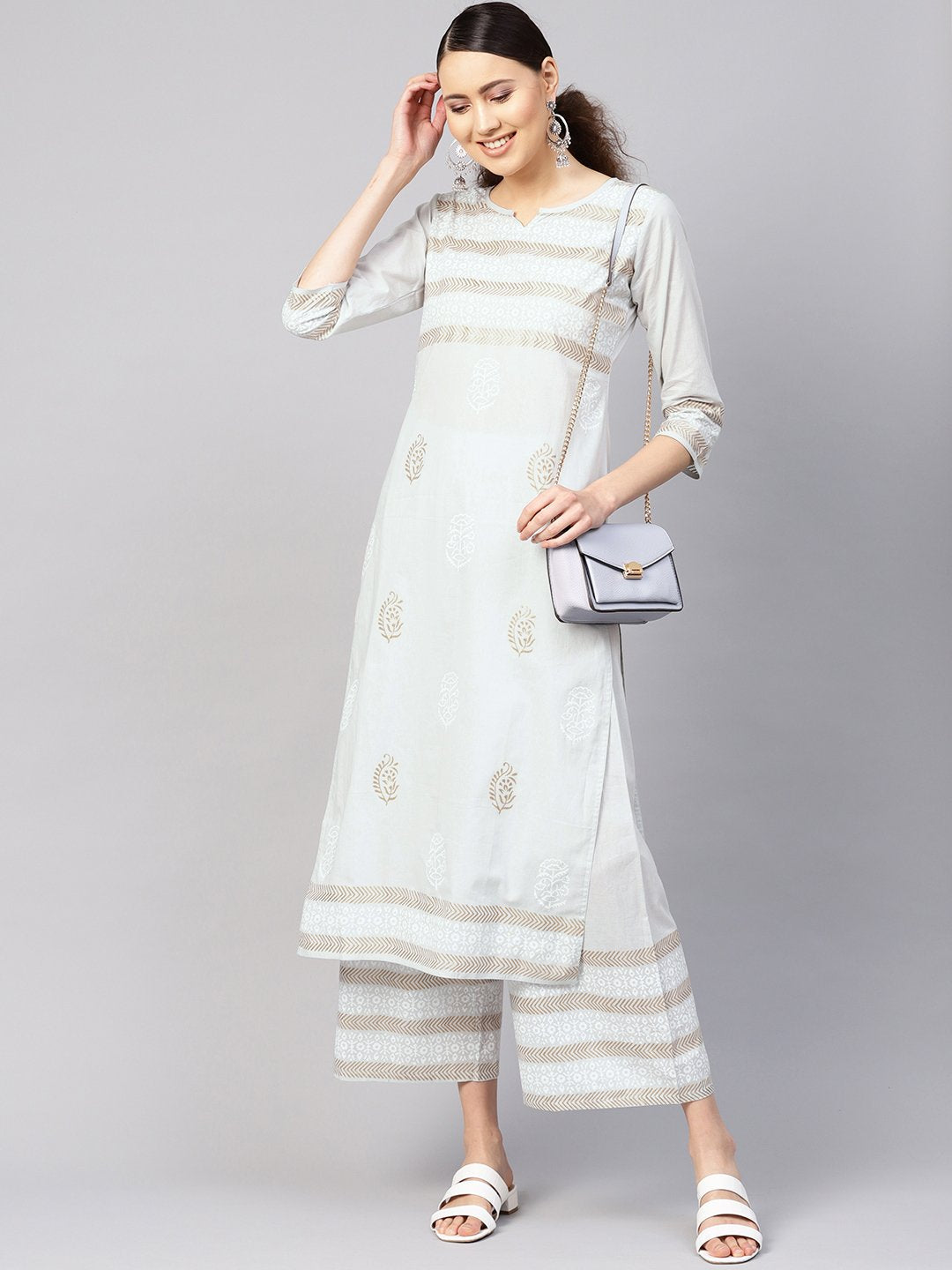 Women Grey & Golden Block Print Kurta With Palazzos | LASVINI - Redefining Indian Fashion with Elegance