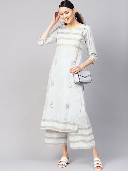 Women Grey & Golden Block Print Kurta With Palazzos | LASVINI - Redefining Indian Fashion with Elegance