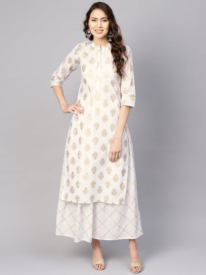 Women White & Golden Printed Kurta With Skirt | LASVINI - Redefining Indian Fashion with Elegance