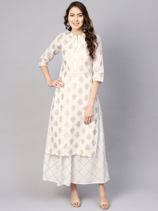 Women White & Golden Printed Kurta With Skirt | LASVINI - Redefining Indian Fashion with Elegance