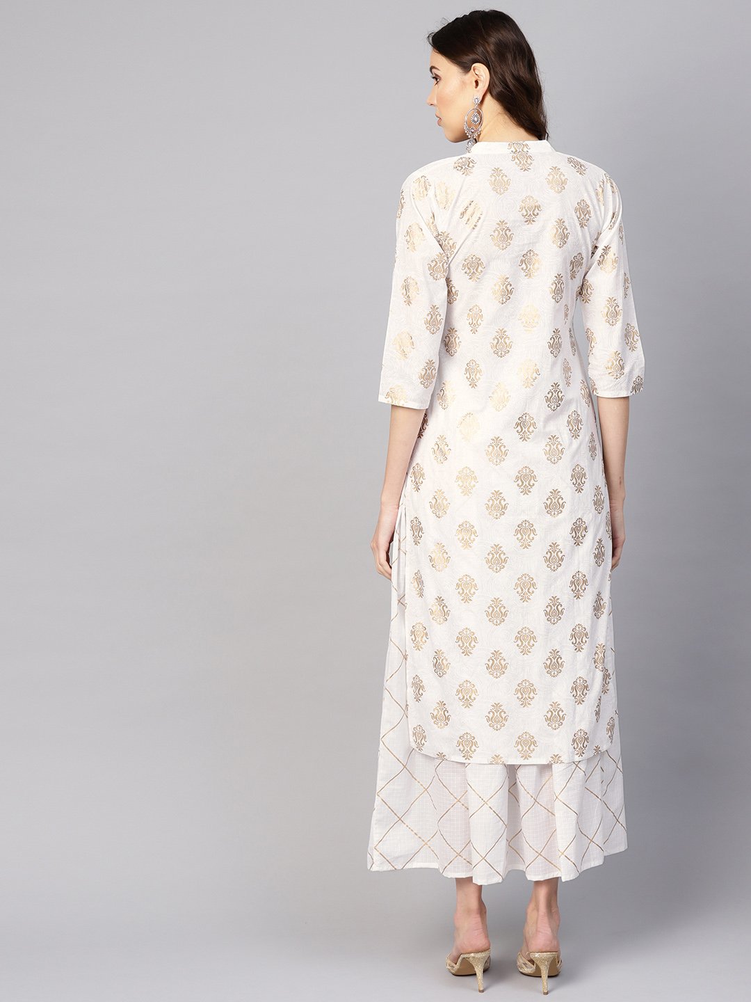 Women White & Golden Printed Kurta With Skirt | LASVINI - Redefining Indian Fashion with Elegance