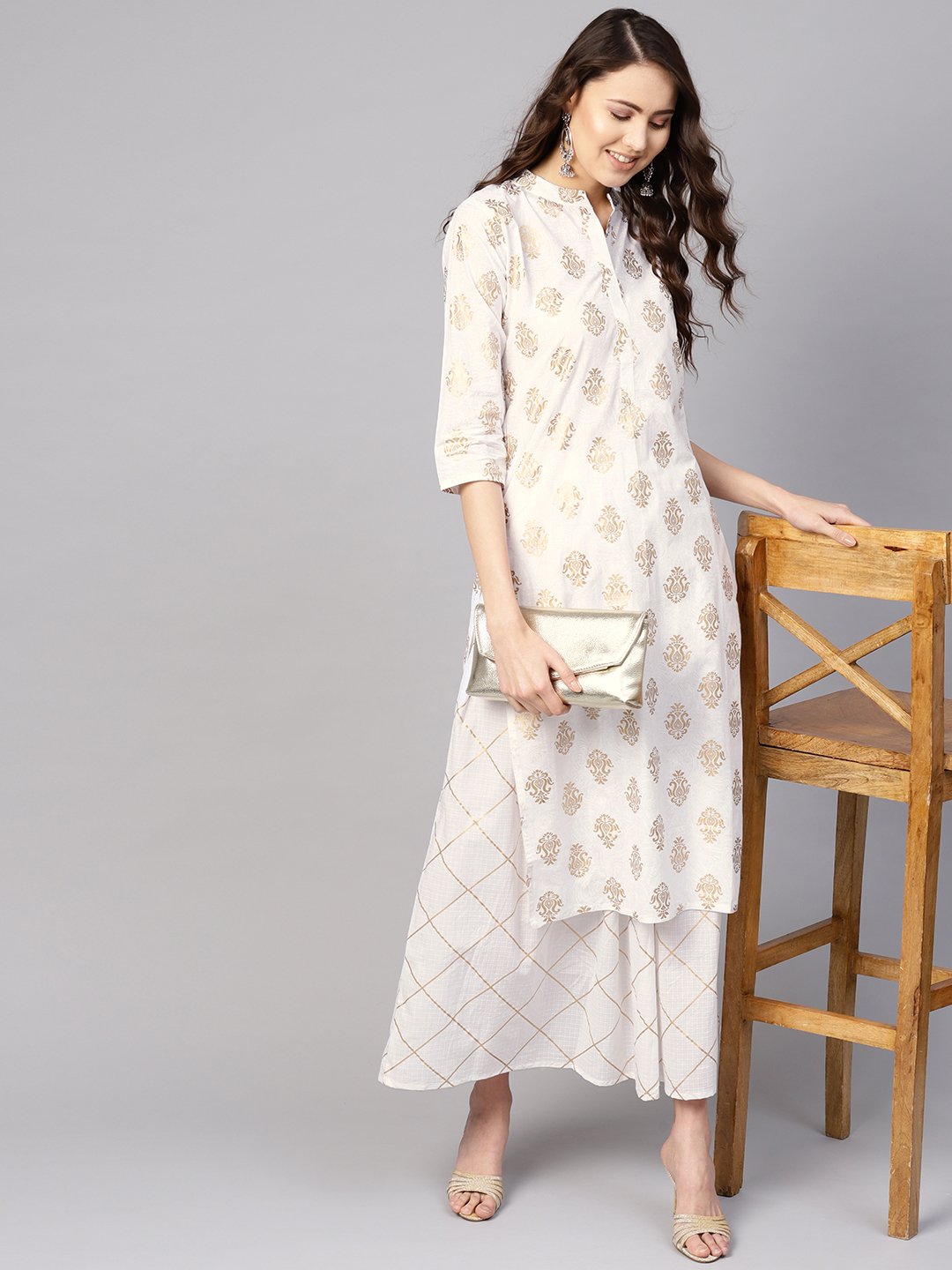 Women White & Golden Printed Kurta With Skirt | LASVINI - Redefining Indian Fashion with Elegance