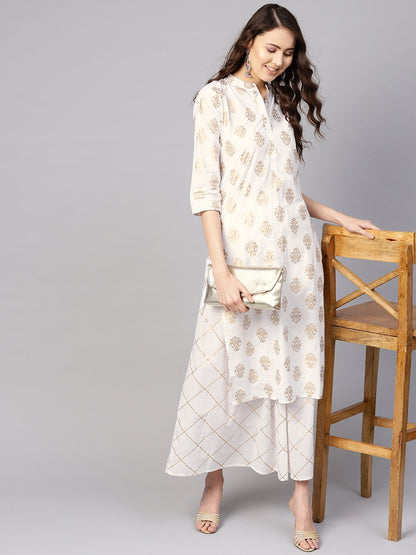 Women White & Golden Printed Kurta With Skirt | LASVINI - Redefining Indian Fashion with Elegance
