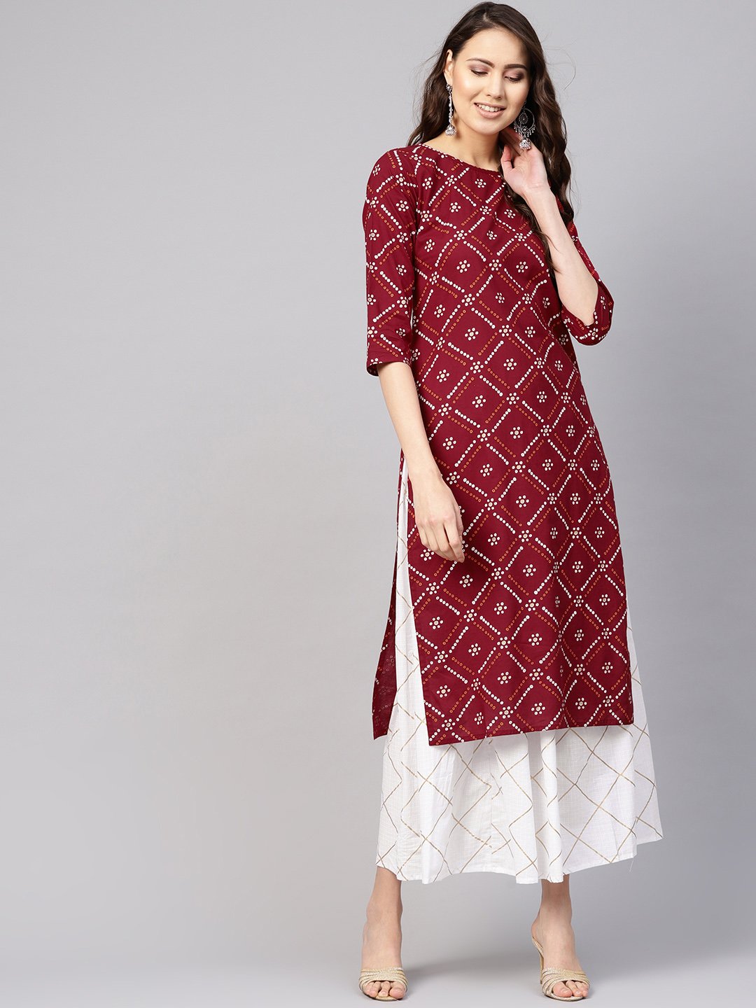 Women Maroon & White Bandhani Print Kurta With Skirt | LASVINI - Redefining Indian Fashion with Elegance