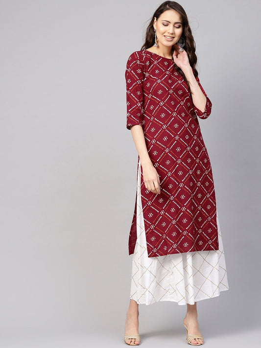 Women Maroon & White Bandhani Print Kurta With Skirt | LASVINI - Redefining Indian Fashion with Elegance