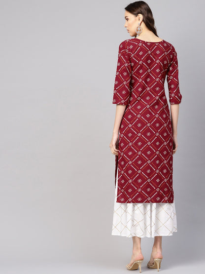 Women Maroon & White Bandhani Print Kurta With Skirt | LASVINI - Redefining Indian Fashion with Elegance