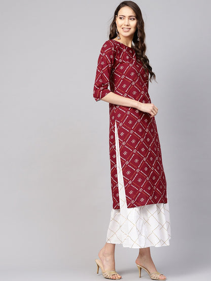 Women Maroon & White Bandhani Print Kurta With Skirt | LASVINI - Redefining Indian Fashion with Elegance