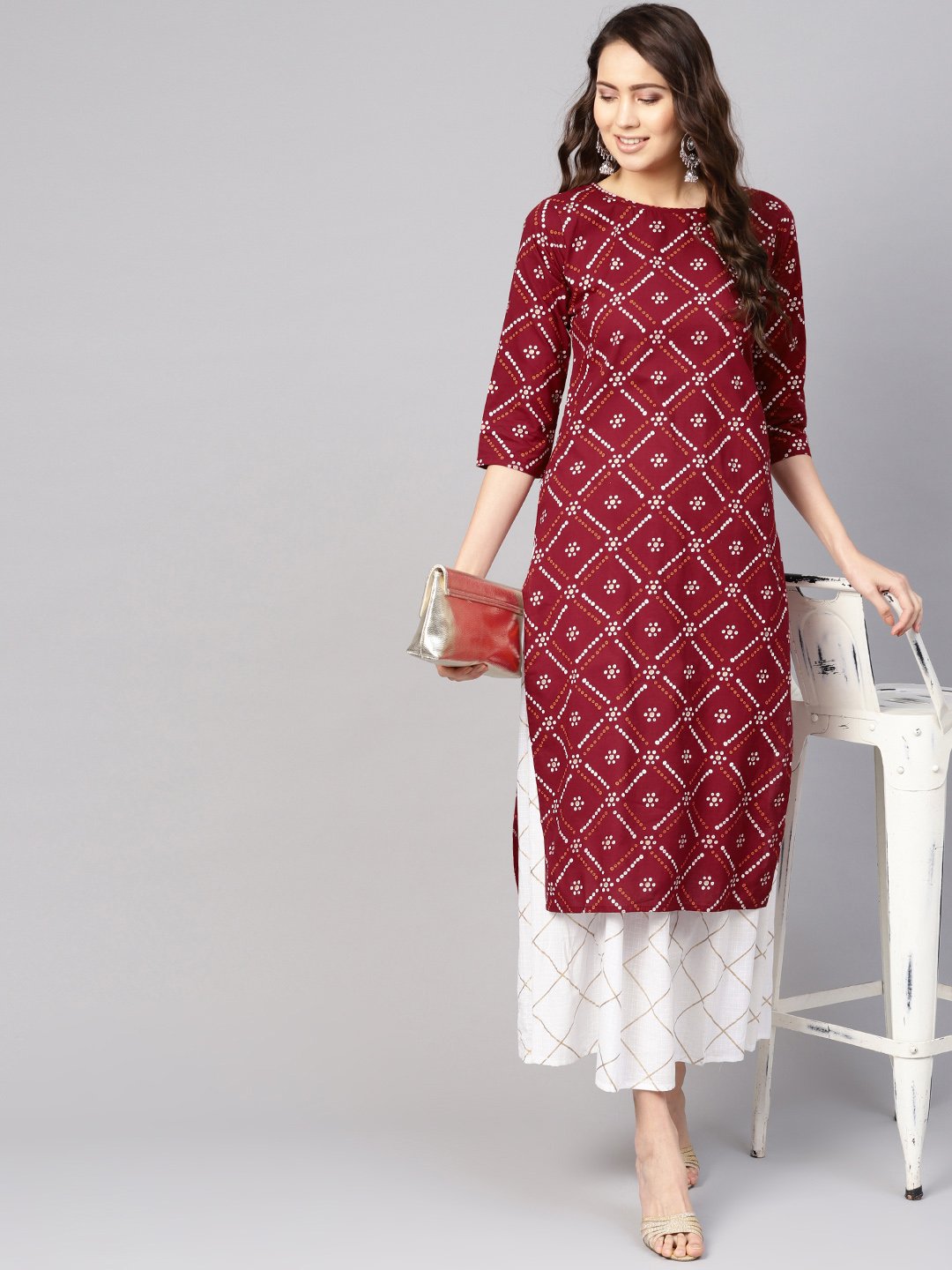 Women Maroon & White Bandhani Print Kurta With Skirt | LASVINI - Redefining Indian Fashion with Elegance