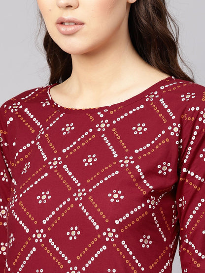 Women Maroon & White Bandhani Print Kurta With Skirt | LASVINI - Redefining Indian Fashion with Elegance