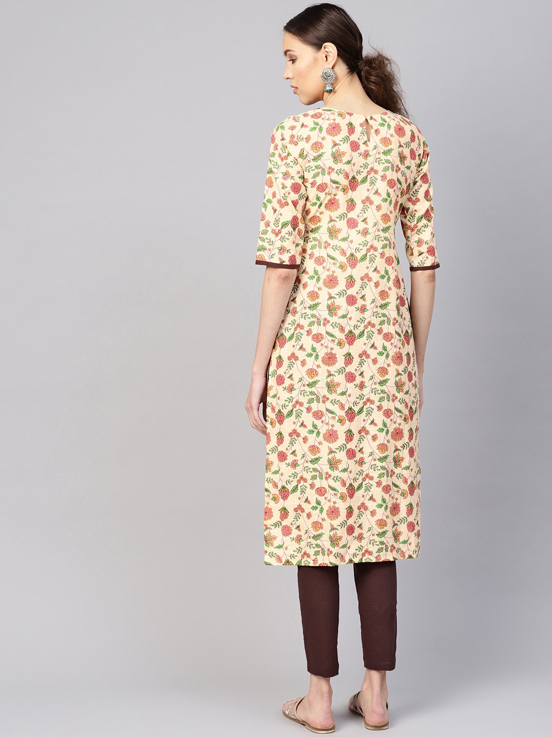 Women Cream-Coloured & Brown Printed Kurta With Trousers | LASVINI - Redefining Indian Fashion with Elegance