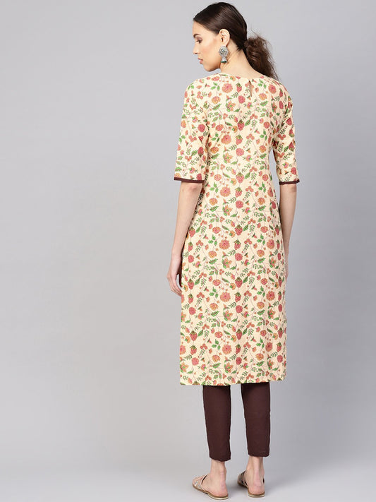 Women Cream-Coloured & Brown Printed Kurta With Trousers | LASVINI - Redefining Indian Fashion with Elegance