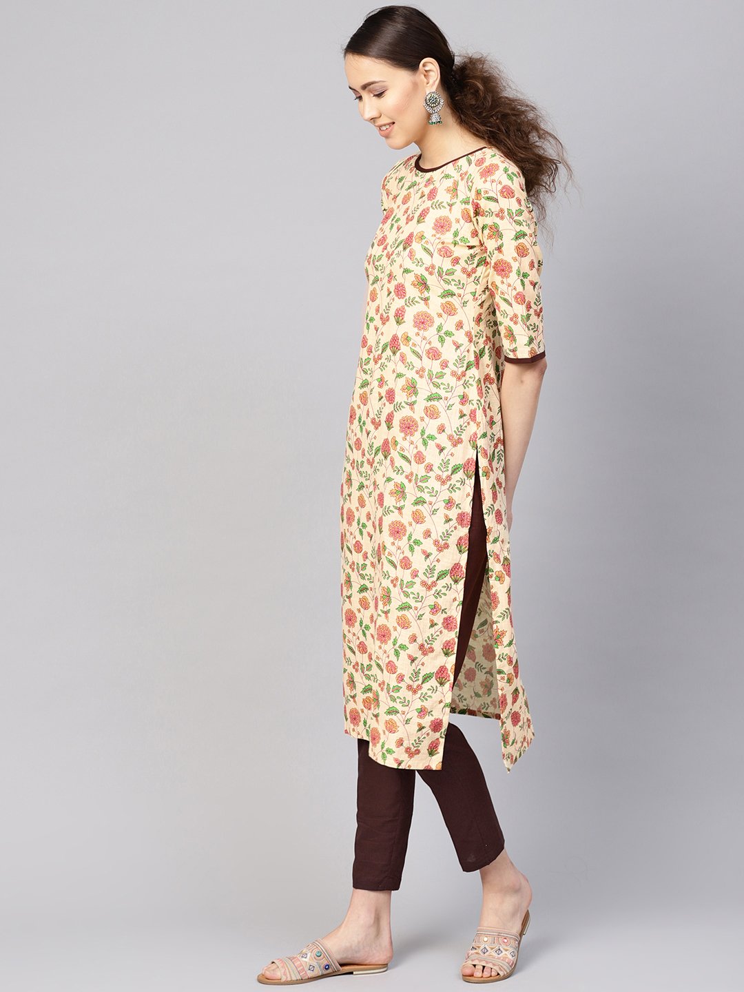 Women Cream-Coloured & Brown Printed Kurta With Trousers | LASVINI - Redefining Indian Fashion with Elegance