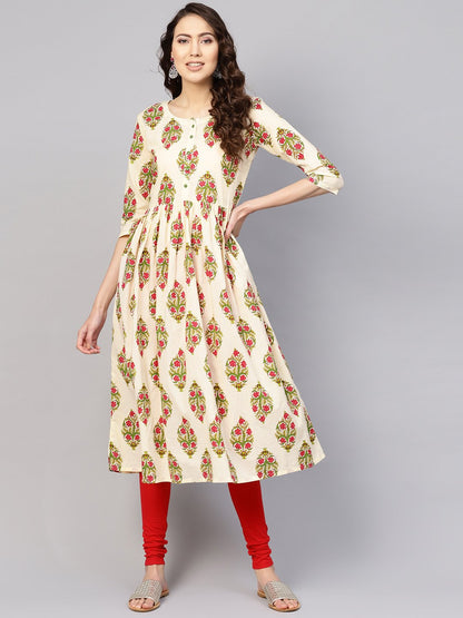 Women Off-White & Green Printed Midi Fit And Flare Dress | LASVINI - Redefining Indian Fashion with Elegance