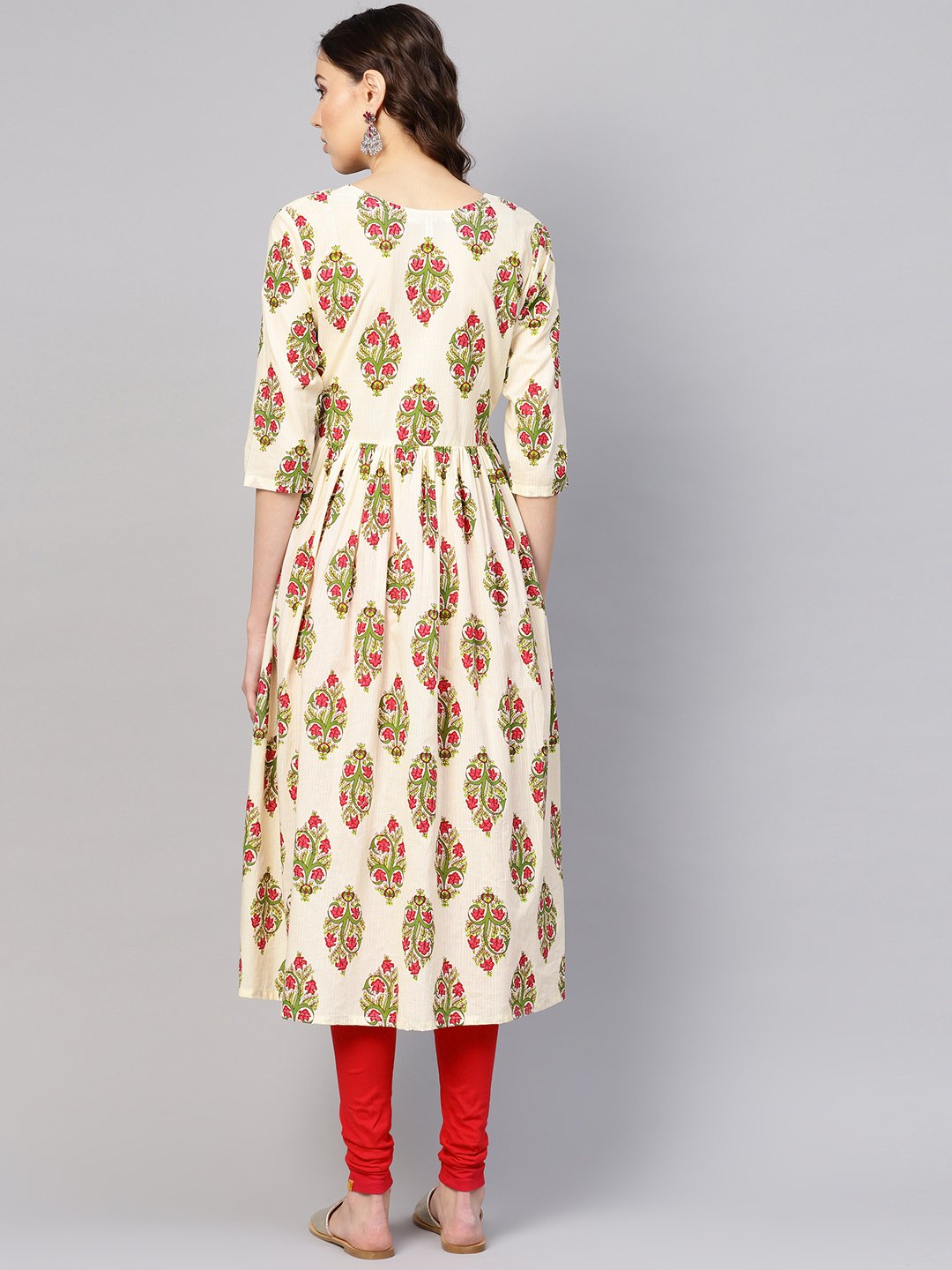 Women Off-White & Green Printed Midi Fit And Flare Dress | LASVINI - Redefining Indian Fashion with Elegance