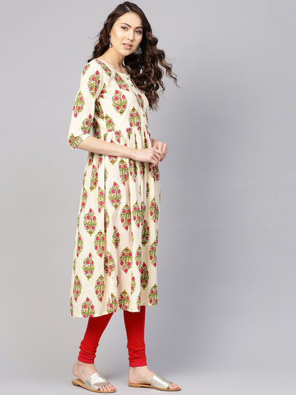 Women Off-White & Green Printed Midi Fit And Flare Dress | LASVINI - Redefining Indian Fashion with Elegance