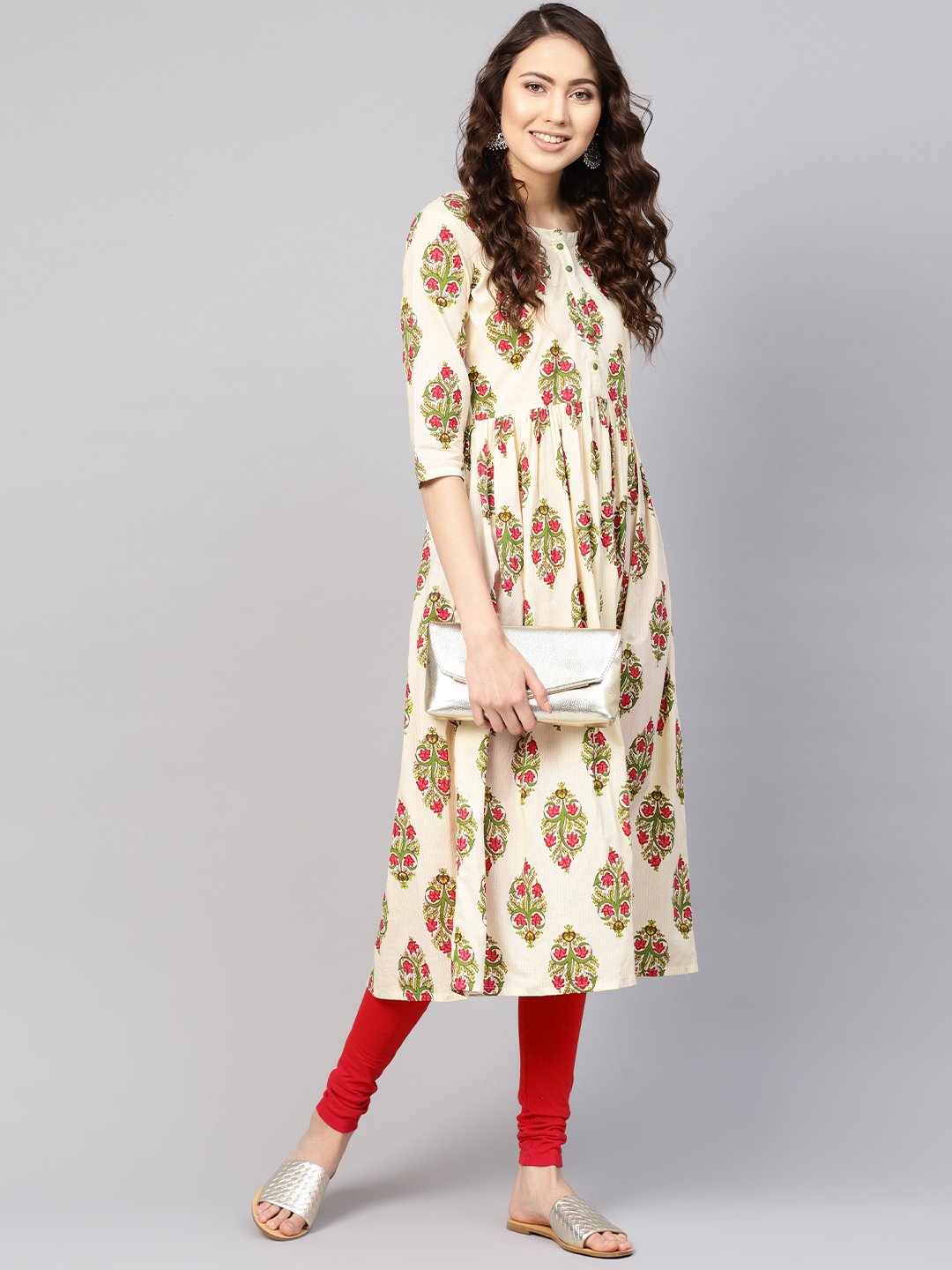 Women Off-White & Green Printed Midi Fit And Flare Dress | LASVINI - Redefining Indian Fashion with Elegance