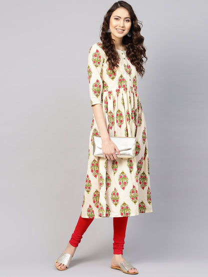 Women Off-White & Green Printed Midi Fit And Flare Dress | LASVINI - Redefining Indian Fashion with Elegance