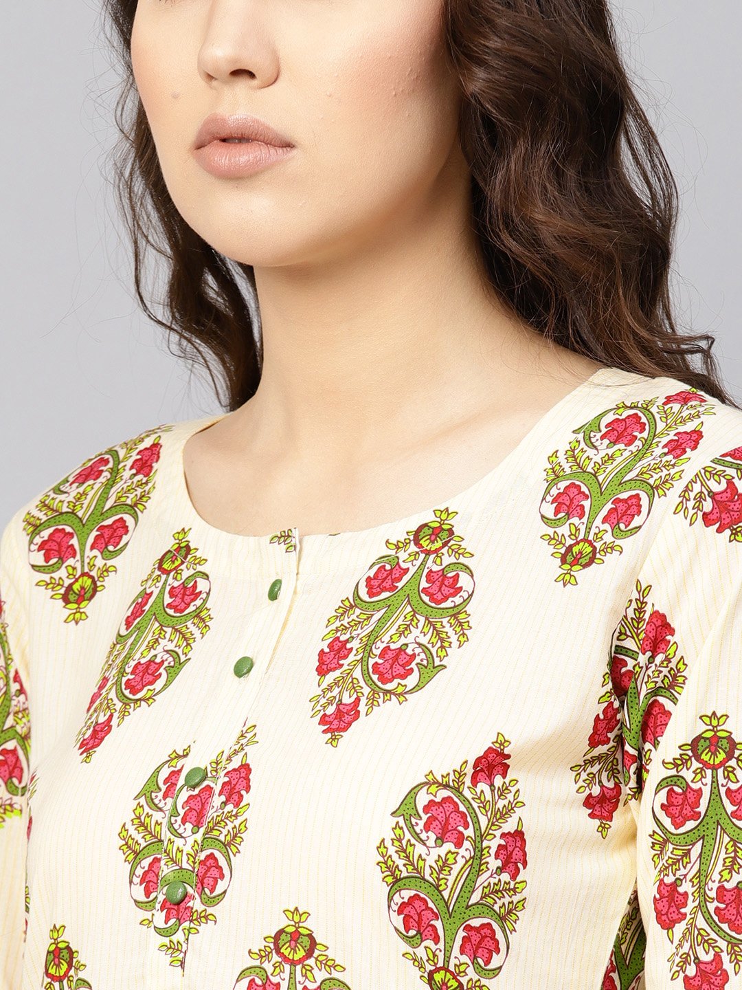 Women Off-White & Green Printed Midi Fit And Flare Dress | LASVINI - Redefining Indian Fashion with Elegance