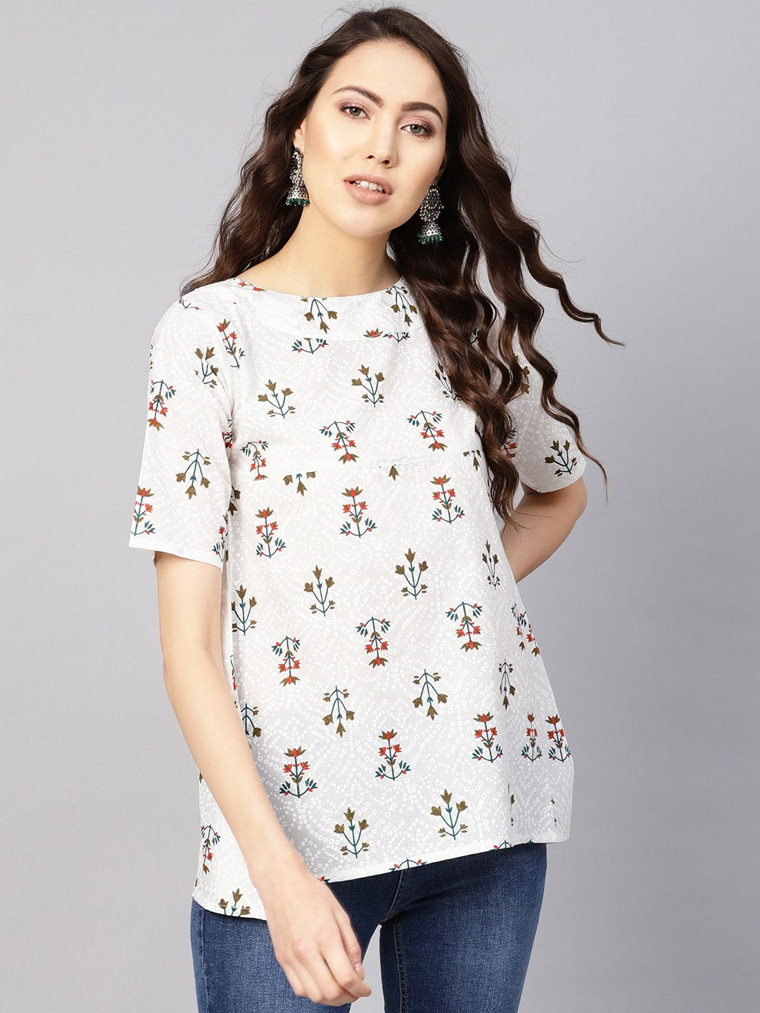 Women Off-White & Green Printed Empire Top | LASVINI - Redefining Indian Fashion with Elegance