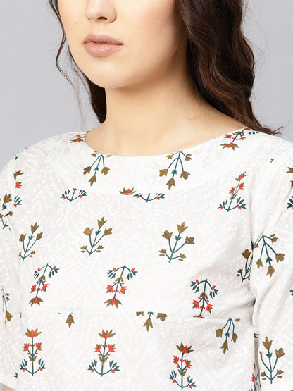 Women Off-White & Green Printed Empire Top | LASVINI - Redefining Indian Fashion with Elegance