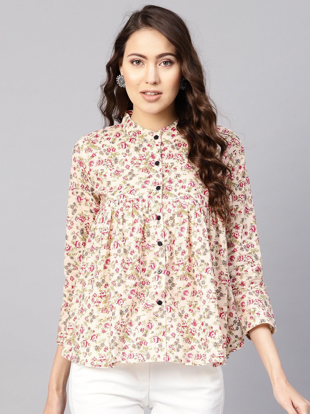 Women Beige & Pink Printed Shirt Style Top | LASVINI - Redefining Indian Fashion with Elegance