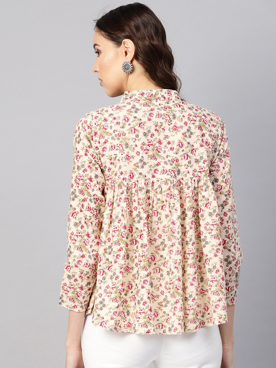 Women Beige & Pink Printed Shirt Style Top | LASVINI - Redefining Indian Fashion with Elegance