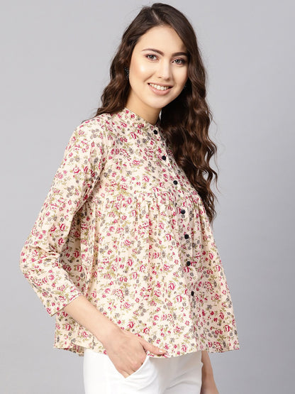 Women Beige & Pink Printed Shirt Style Top | LASVINI - Redefining Indian Fashion with Elegance