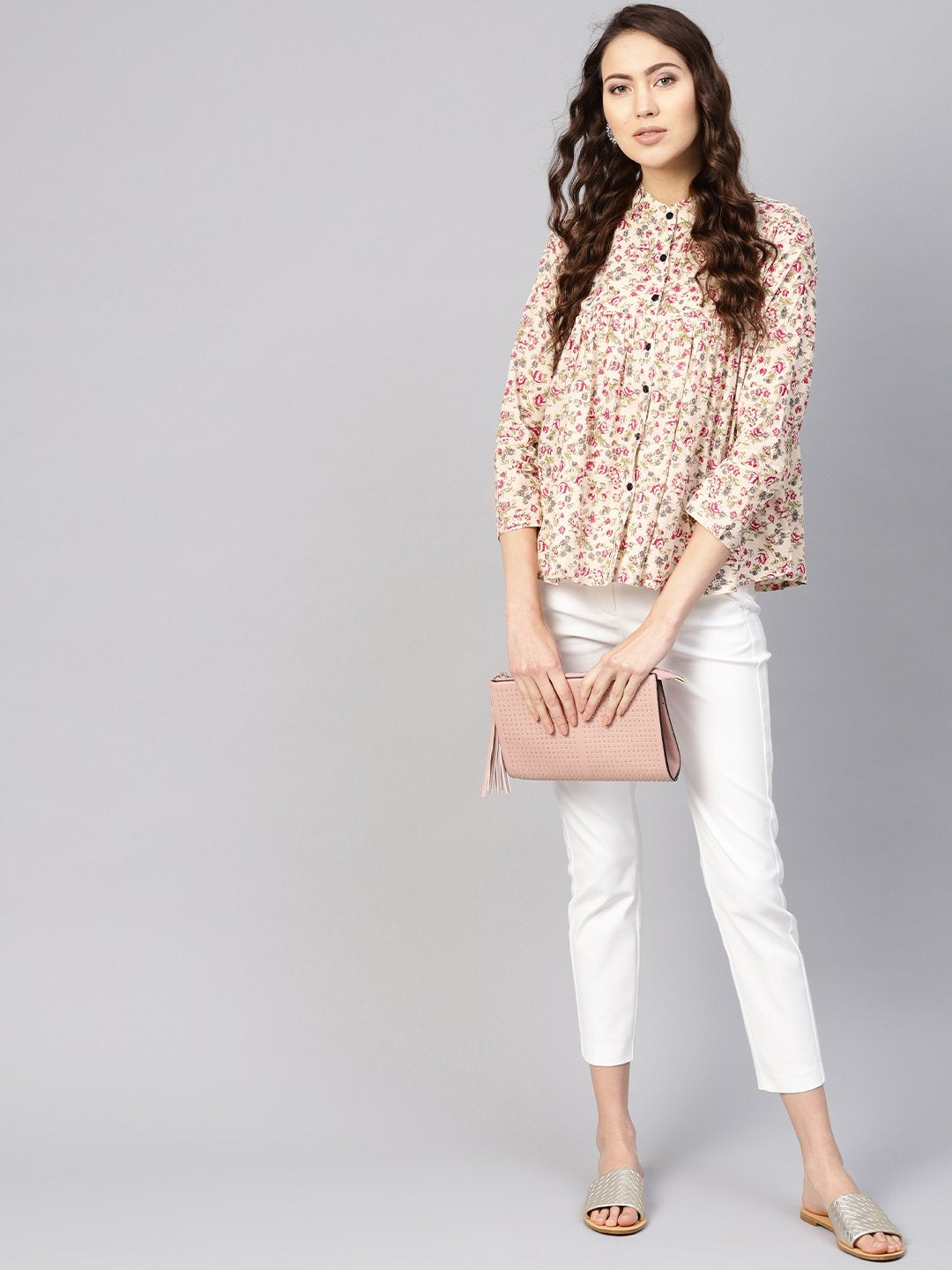 Women Beige & Pink Printed Shirt Style Top | LASVINI - Redefining Indian Fashion with Elegance