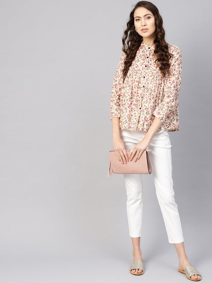 Women Beige & Pink Printed Shirt Style Top | LASVINI - Redefining Indian Fashion with Elegance