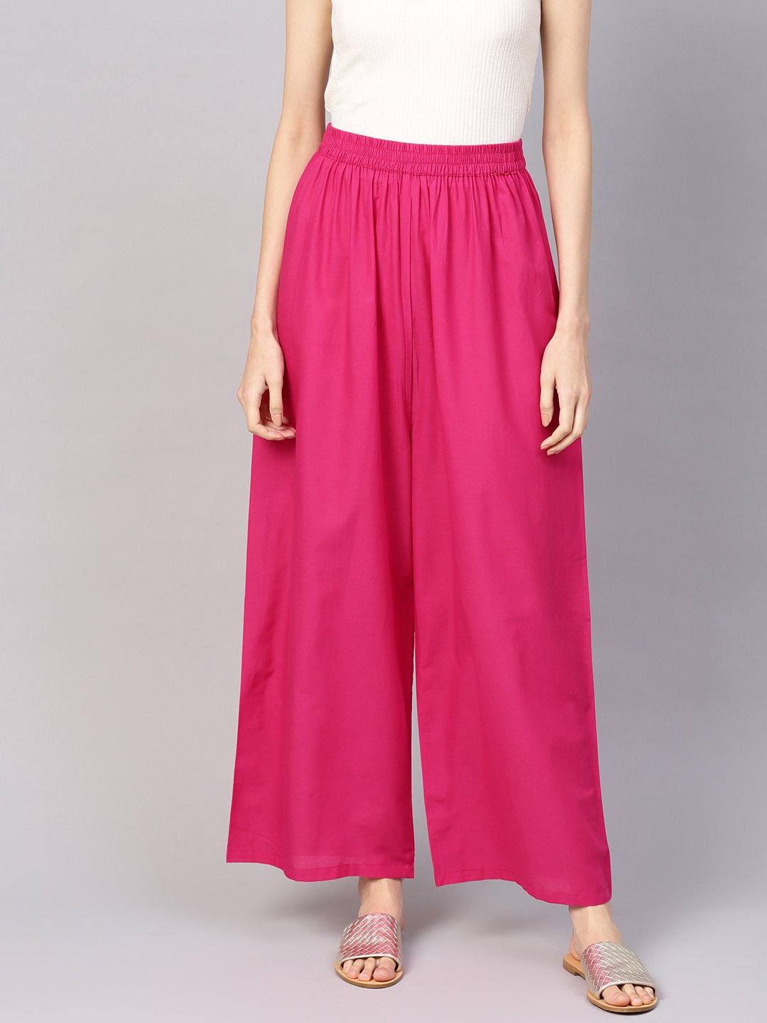 Women Fuchsia Pink Solid Wide Leg Palazzos | LASVINI - Redefining Indian Fashion with Elegance