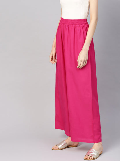 Women Fuchsia Pink Solid Wide Leg Palazzos | LASVINI - Redefining Indian Fashion with Elegance