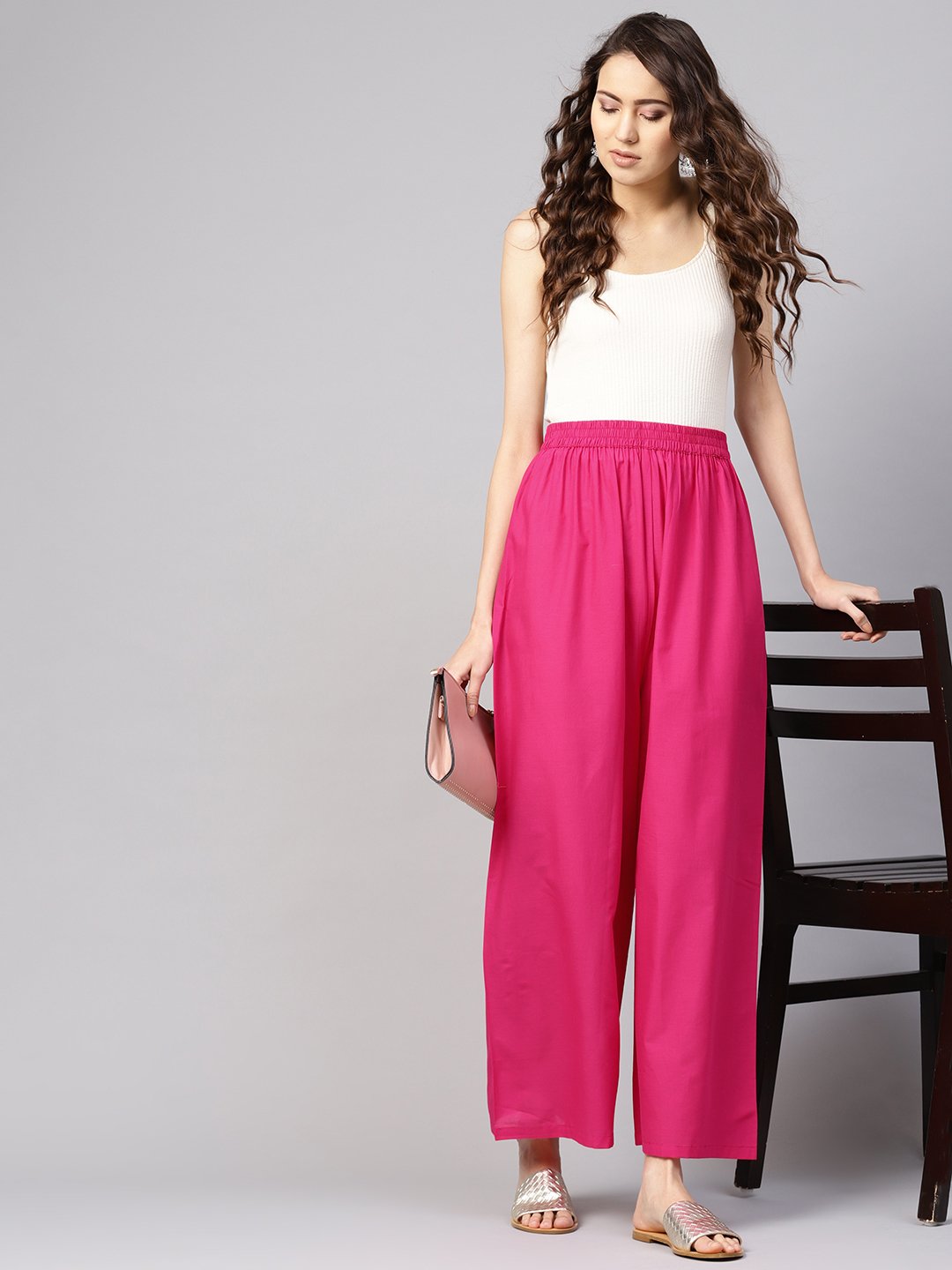 Women Fuchsia Pink Solid Wide Leg Palazzos | LASVINI - Redefining Indian Fashion with Elegance