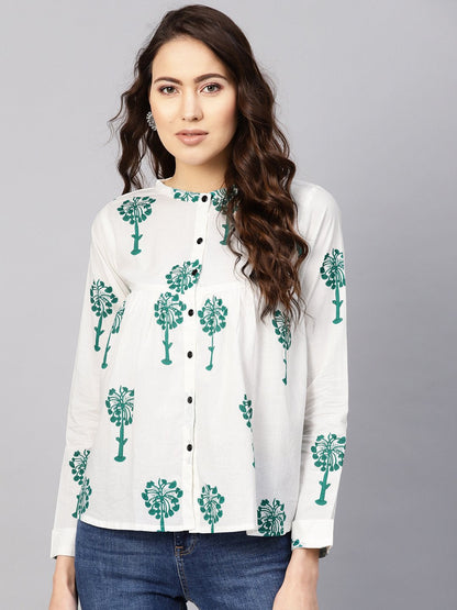 Women White & Green Printed Shirt Style Top | LASVINI - Redefining Indian Fashion with Elegance