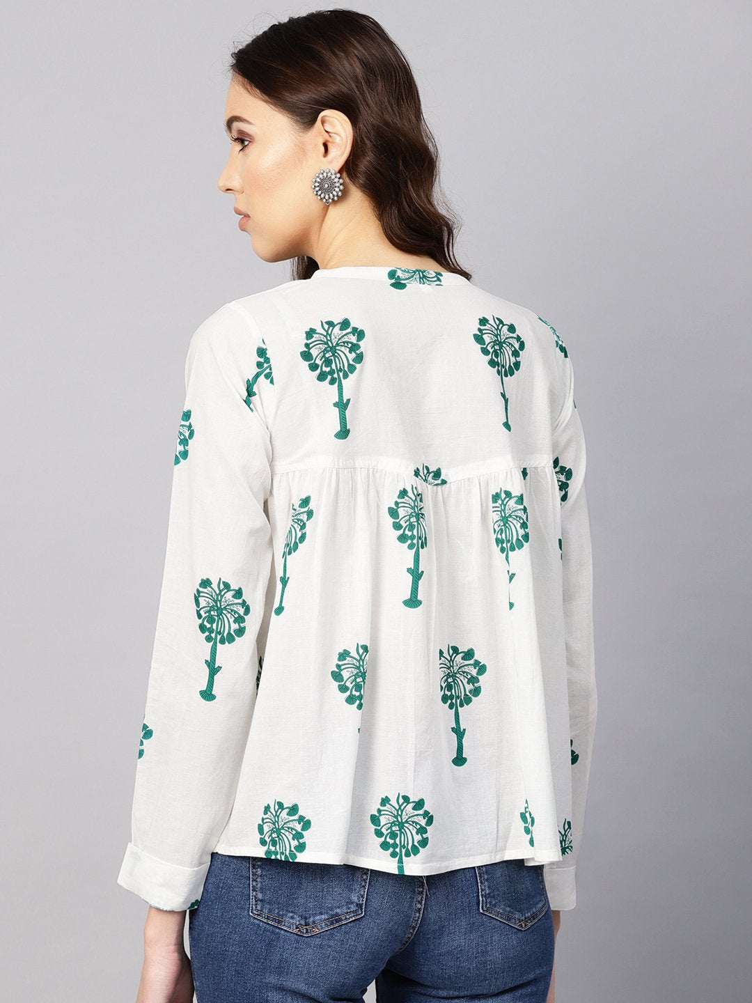 Women White & Green Printed Shirt Style Top | LASVINI - Redefining Indian Fashion with Elegance