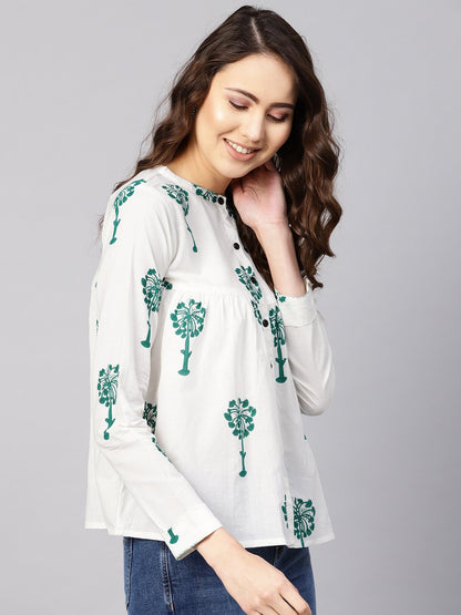 Women White & Green Printed Shirt Style Top | LASVINI - Redefining Indian Fashion with Elegance