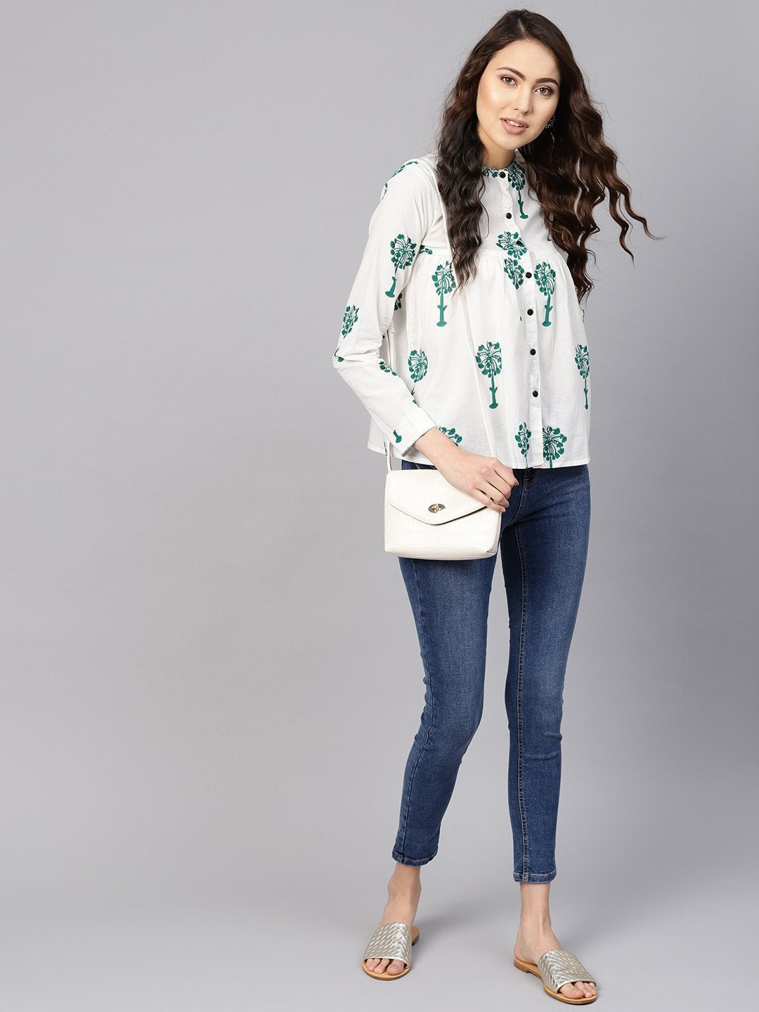 Women White & Green Printed Shirt Style Top | LASVINI - Redefining Indian Fashion with Elegance