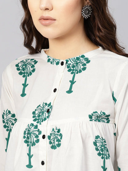 Women White & Green Printed Shirt Style Top | LASVINI - Redefining Indian Fashion with Elegance