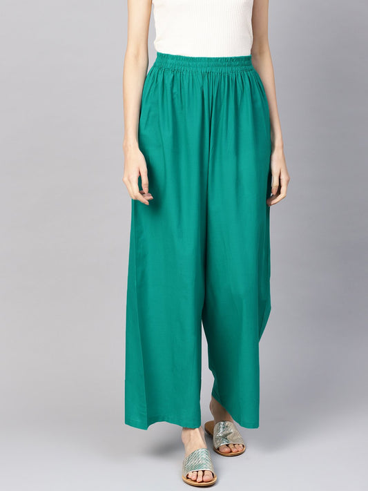 Women Green Solid Wide Leg Palazzos | LASVINI - Redefining Indian Fashion with Elegance