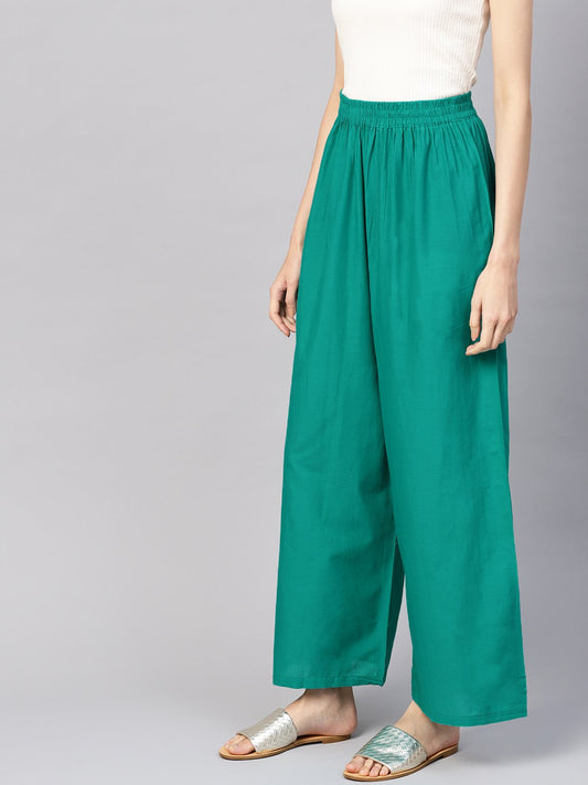 Women Green Solid Wide Leg Palazzos | LASVINI - Redefining Indian Fashion with Elegance
