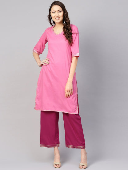 Women Pink Solid Kurta With Palazzos | LASVINI - Redefining Indian Fashion with Elegance