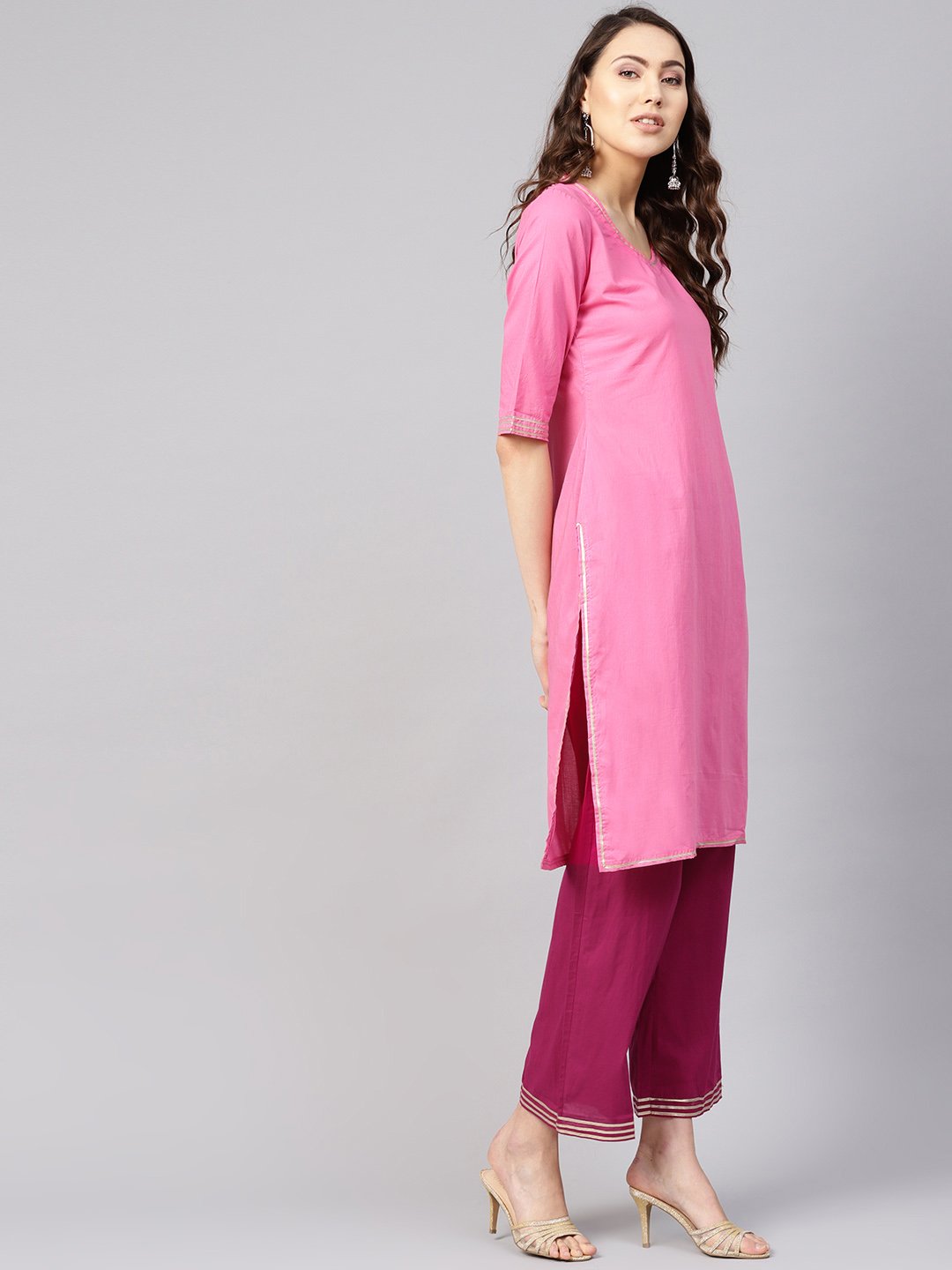 Women Pink Solid Kurta With Palazzos | LASVINI - Redefining Indian Fashion with Elegance