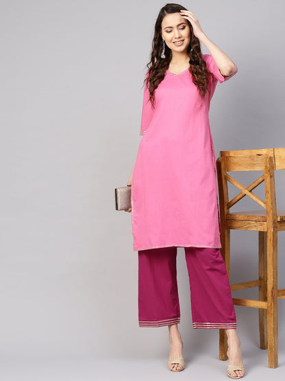 Women Pink Solid Kurta With Palazzos | LASVINI - Redefining Indian Fashion with Elegance