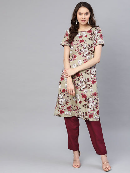 Women Grey & Burgundy Printed Kurta With Trousers | LASVINI - Redefining Indian Fashion with Elegance