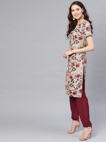Women Grey & Burgundy Printed Kurta With Trousers | LASVINI - Redefining Indian Fashion with Elegance