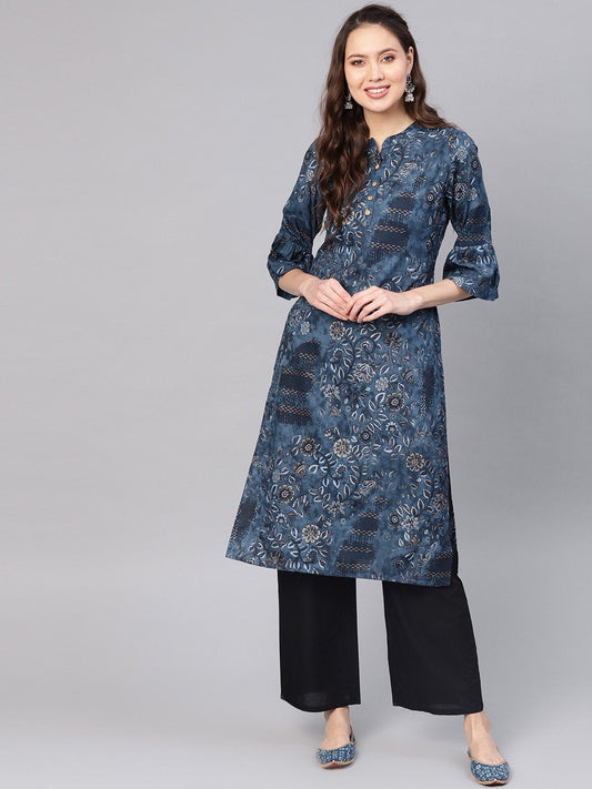 Women Navy Blue & Golden Printed Straight Kurta | LASVINI - Redefining Indian Fashion with Elegance