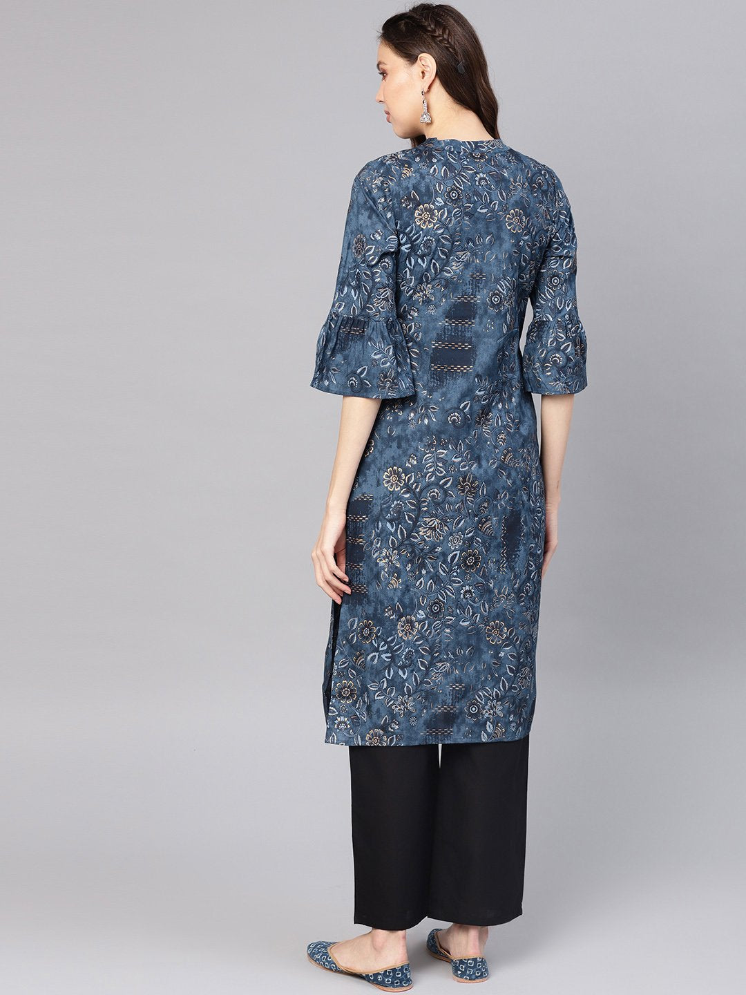 Women Navy Blue & Golden Printed Straight Kurta | LASVINI - Redefining Indian Fashion with Elegance