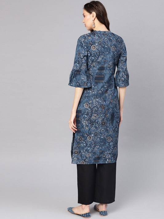 Women Navy Blue & Golden Printed Straight Kurta | LASVINI - Redefining Indian Fashion with Elegance